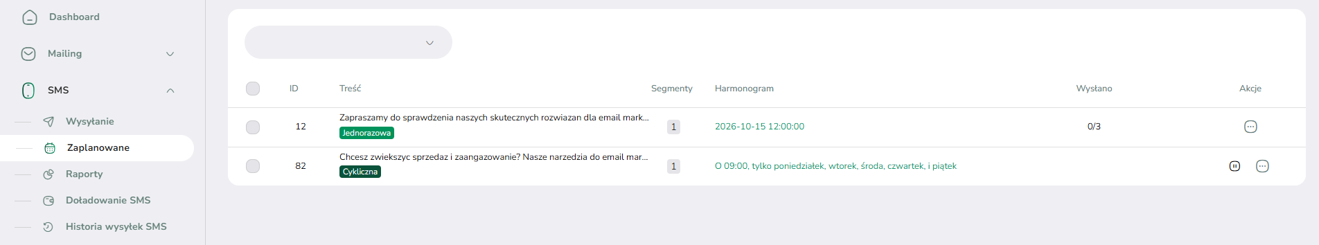 Widok zaplanowanych kampanii SMS